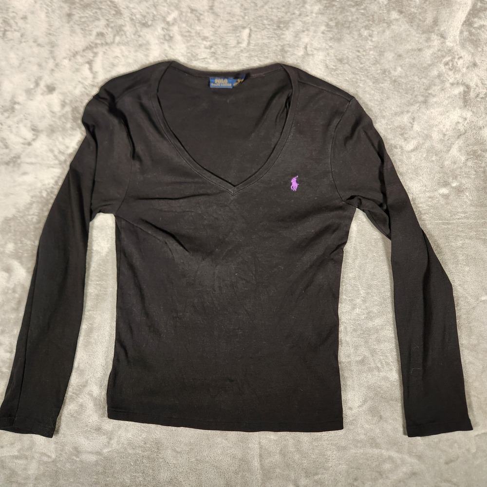 Polo Ralph Lauren V-Neck T-Shirt Mens XL Black Excellent Long Sleeve Pony Logo